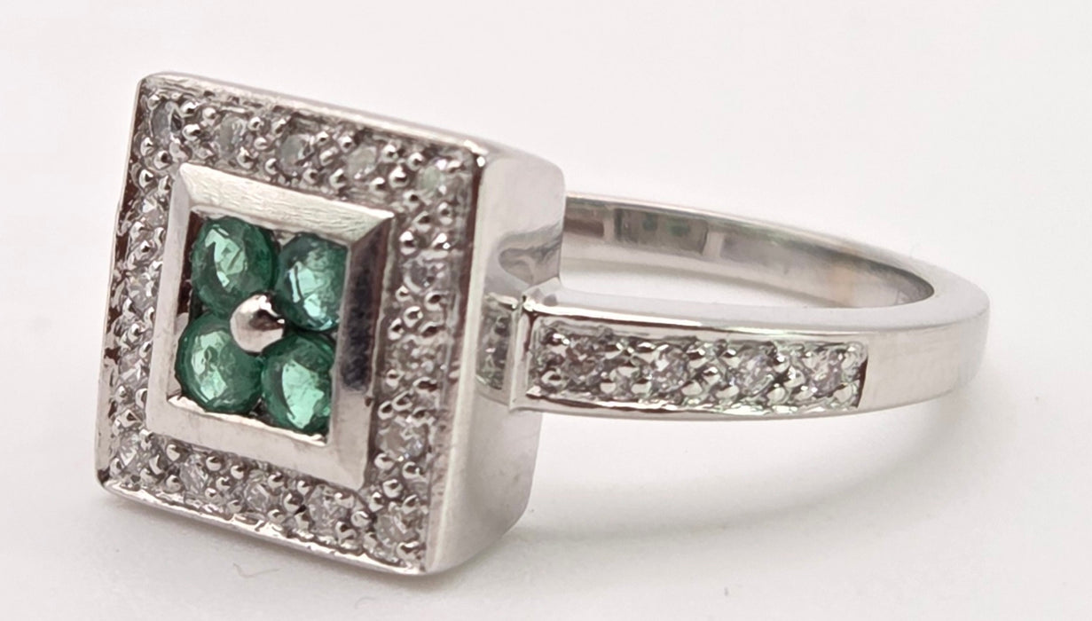 6420- Vintage: 14ct White Gold Emeralds Diamonds Art Deco Style Panel Ring