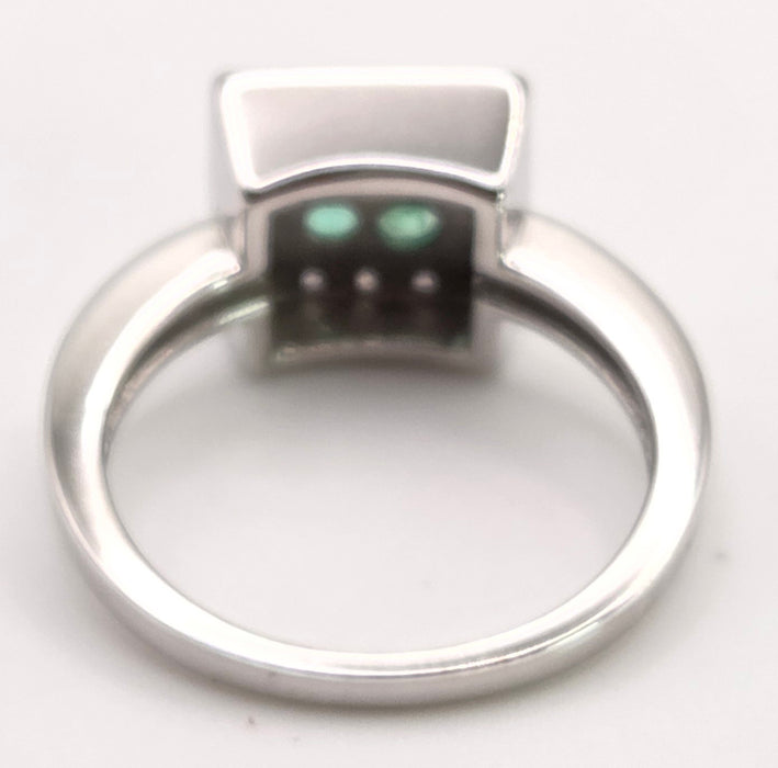6420- Vintage: 14ct White Gold Emeralds Diamonds Art Deco Style Panel Ring