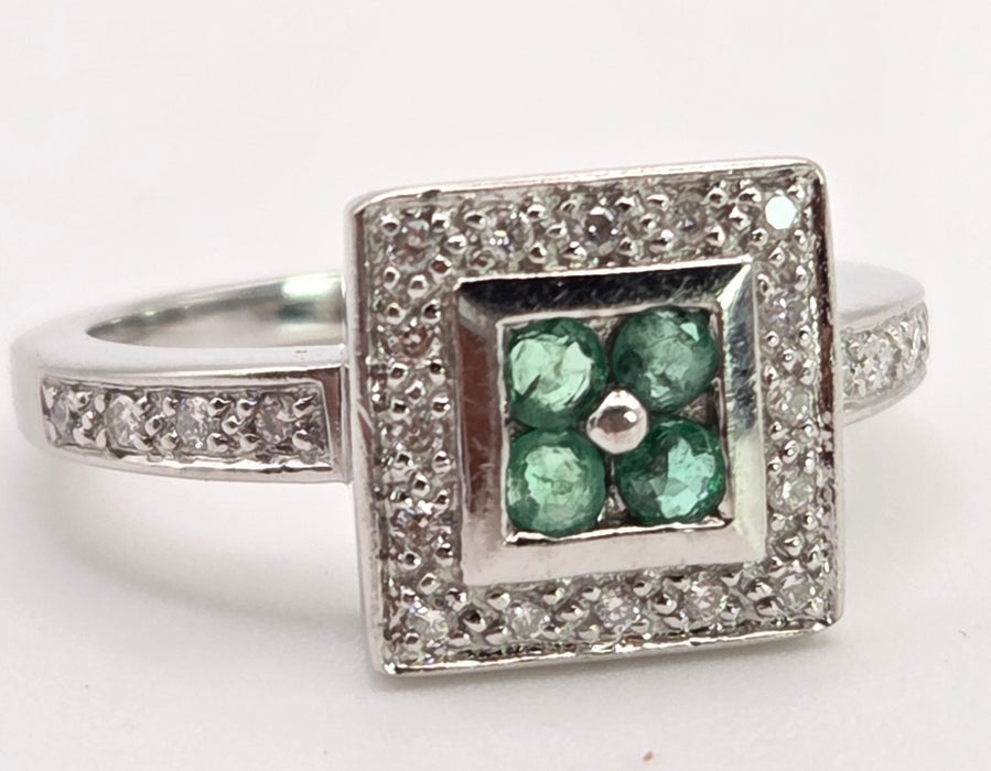 6420- Vintage: 14ct White Gold Emeralds Diamonds Art Deco Style Panel Ring