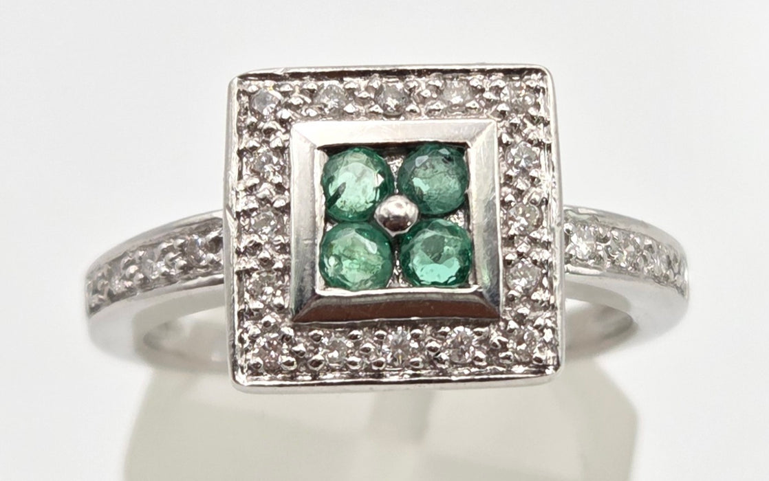 6420- Vintage: 14ct White Gold Emeralds Diamonds Art Deco Style Panel Ring