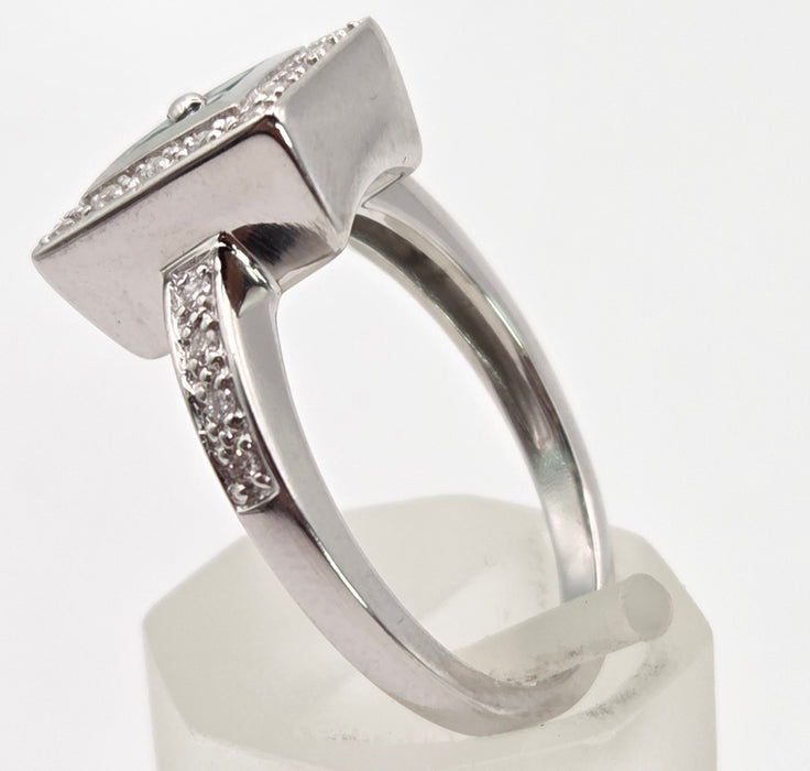 6420- Vintage: 14ct White Gold Emeralds Diamonds Art Deco Style Panel Ring