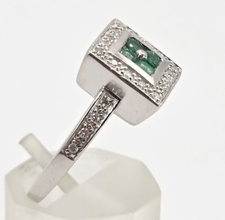 6420- Vintage: 14ct White Gold Emeralds Diamonds Art Deco Style Panel Ring