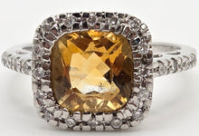 Load image into Gallery viewer, 2444; Vintage 18ct White Gold Fiery Yellow Citrine 24 Diamonds Ring
