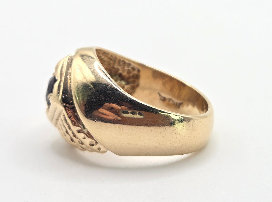 2504- Vintage: Heavy 9ct Gold Ornate Garnet Signet Ring- From 1975