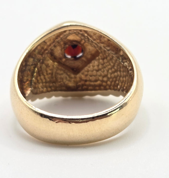 2504- Vintage: Heavy 9ct Gold Ornate Garnet Signet Ring- From 1975