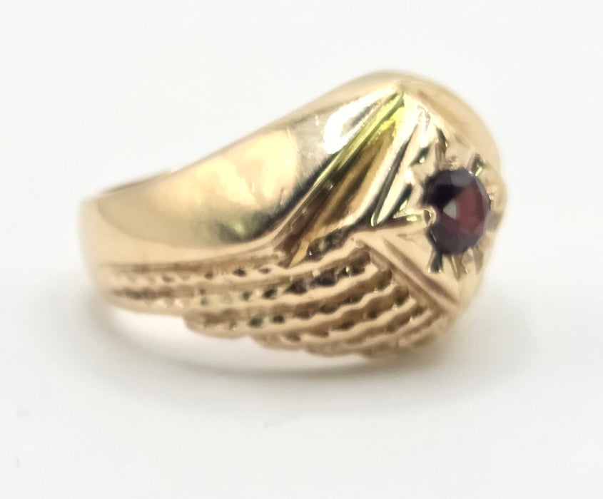 2504- Vintage: Heavy 9ct Gold Ornate Garnet Signet Ring- From 1975