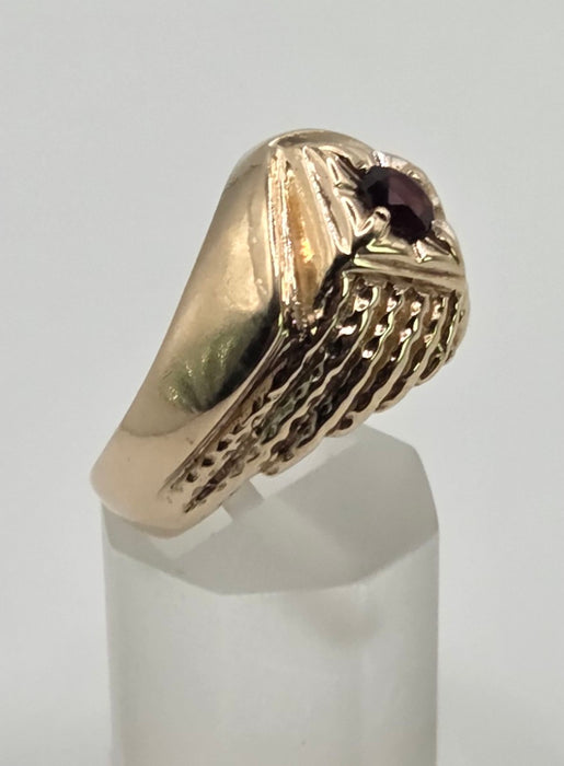 2504- Vintage: Heavy 9ct Gold Ornate Garnet Signet Ring- From 1975