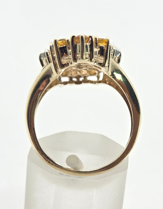 2506- Vintage: 9ct Gold Green & Yellow Sapphires Ruby Openwork Cocktail Ring