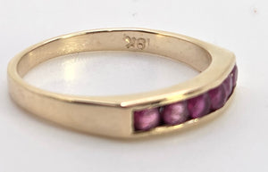 2508- Vintage: 9ct Gold 6 Channel Set Rubies Stacker/Half- Eternity Ring