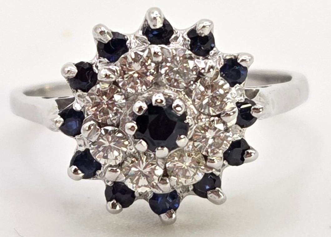 2511- Vintage: 18ct White Gold 13 Sapphires 8 Natural Sparkling Diamonds Cluster Ring- From 1975