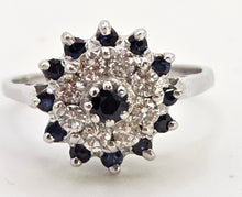 Load image into Gallery viewer, 2511- Vintage: 18ct White Gold 13 Sapphires 8 Natural Sparkling Diamonds Cluster Ring- From 1975
