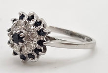 Load image into Gallery viewer, 2511- Vintage: 18ct White Gold 13 Sapphires 8 Natural Sparkling Diamonds Cluster Ring- From 1975
