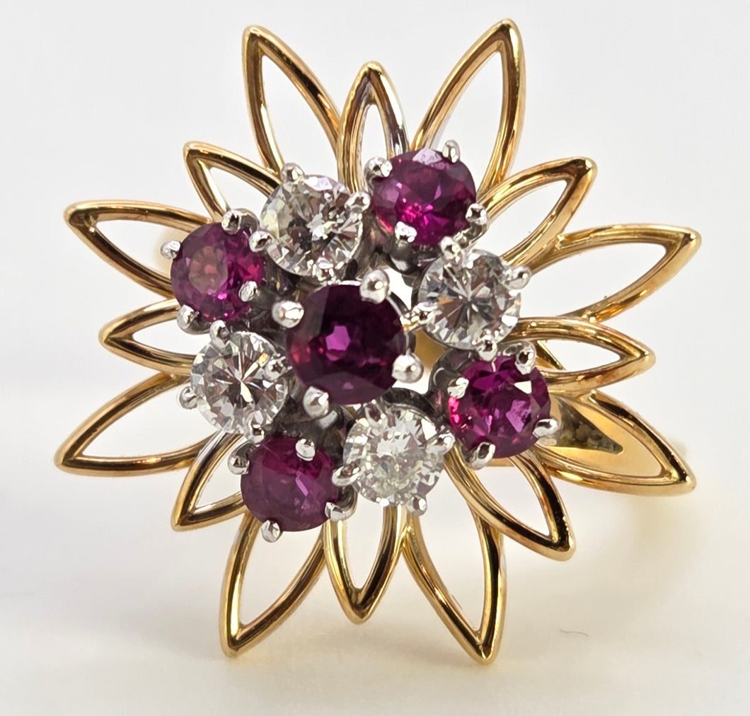 2561: Vintage 18ct Gold Rubies Diamonds Sunburst Openwork Cocktail Ring