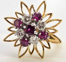 Load image into Gallery viewer, 2561: Vintage 18ct Gold Rubies Diamonds Sunburst Openwork Cocktail Ring
