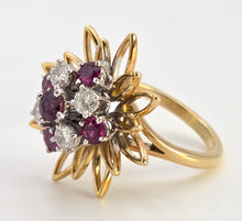 Load image into Gallery viewer, 2561: Vintage 18ct Gold Rubies Diamonds Sunburst Openwork Cocktail Ring
