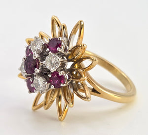 2561: Vintage 18ct Gold Rubies Diamonds Sunburst Openwork Cocktail Ring