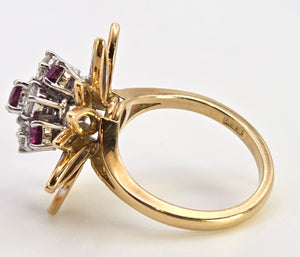 2561: Vintage 18ct Gold Rubies Diamonds Sunburst Openwork Cocktail Ring
