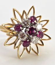 Load image into Gallery viewer, 2561: Vintage 18ct Gold Rubies Diamonds Sunburst Openwork Cocktail Ring

