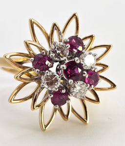 2561: Vintage 18ct Gold Rubies Diamonds Sunburst Openwork Cocktail Ring