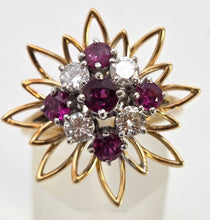 Load image into Gallery viewer, 2561: Vintage 18ct Gold Rubies Diamonds Sunburst Openwork Cocktail Ring
