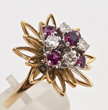 Load image into Gallery viewer, 2561: Vintage 18ct Gold Rubies Diamonds Sunburst Openwork Cocktail Ring
