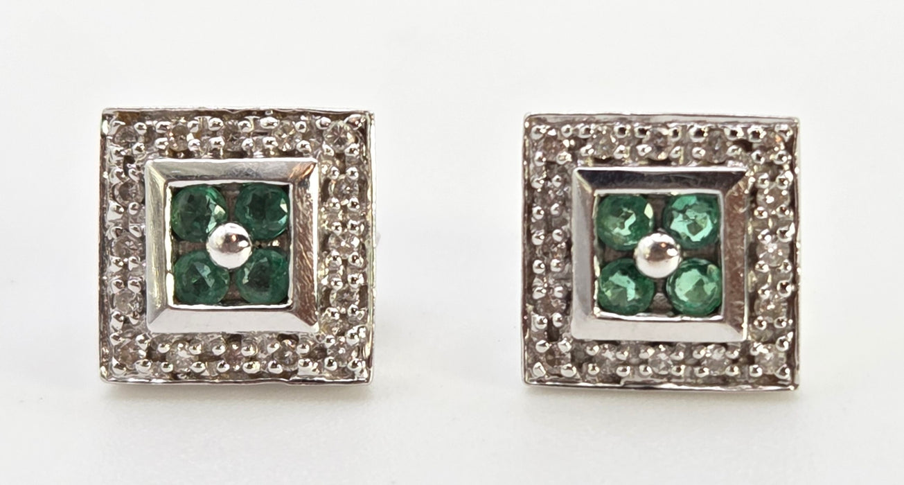 2439  Vintage; 14ct Gold Emeralds Natural Sparkling Diamonds Art Deco Style Panel Earrings