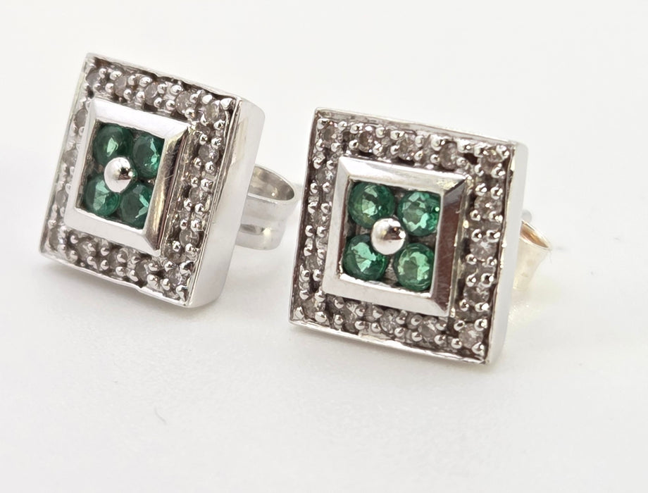 2439  Vintage; 14ct Gold Emeralds Natural Sparkling Diamonds Art Deco Style Panel Earrings