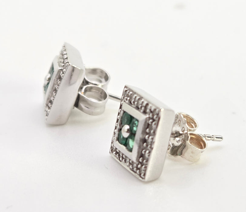 2439  Vintage; 14ct Gold Emeralds Natural Sparkling Diamonds Art Deco Style Panel Earrings