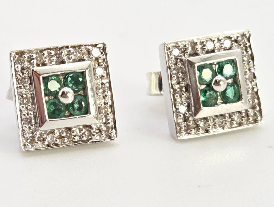 2439  Vintage; 14ct Gold Emeralds Natural Sparkling Diamonds Art Deco Style Panel Earrings