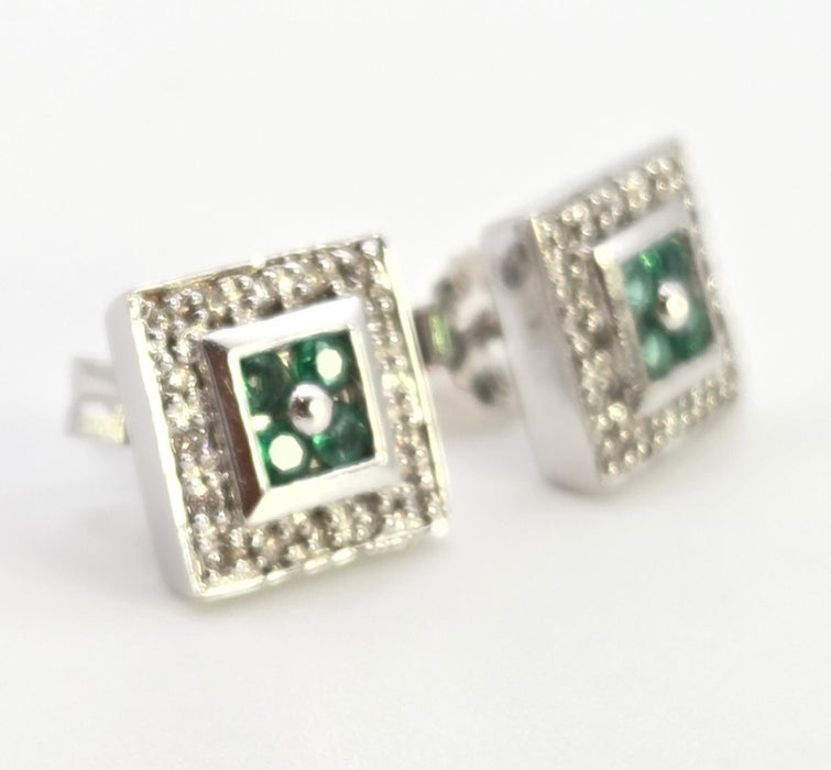 2439  Vintage; 14ct Gold Emeralds Natural Sparkling Diamonds Art Deco Style Panel Earrings