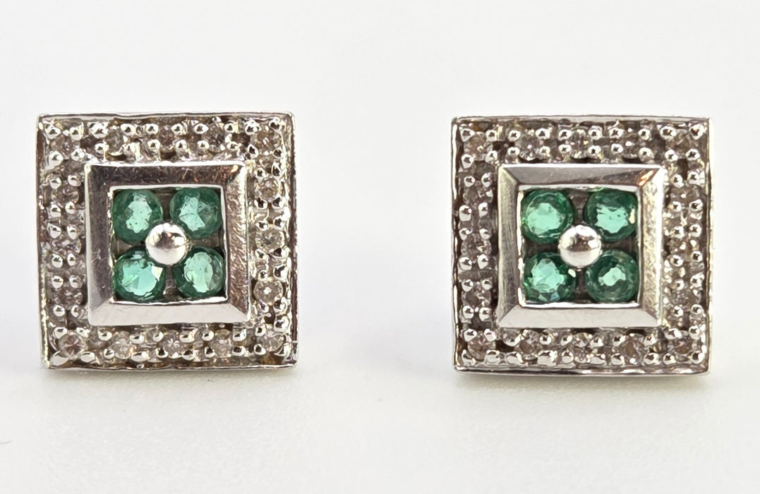 2439  Vintage; 14ct Gold Emeralds Natural Sparkling Diamonds Art Deco Style Panel Earrings