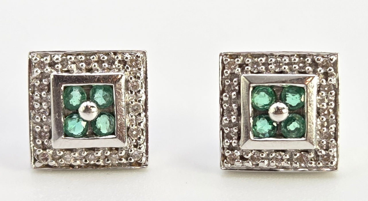 2439  Vintage; 14ct Gold Emeralds Natural Sparkling Diamonds Art Deco Style Panel Earrings