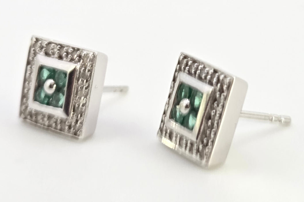 2439  Vintage; 14ct Gold Emeralds Natural Sparkling Diamonds Art Deco Style Panel Earrings