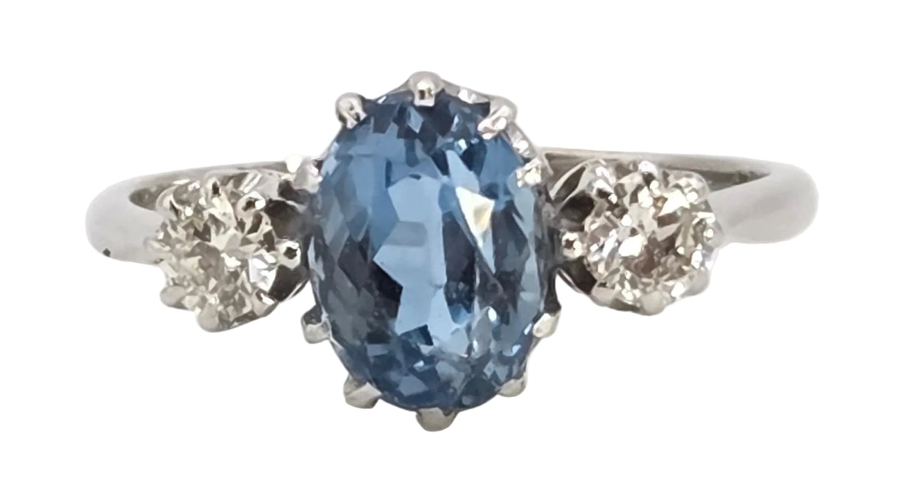 2467- Vintage Rare 18ct White Gold Platinum Aquamarine Diamonds 3-Stone Straight Ring