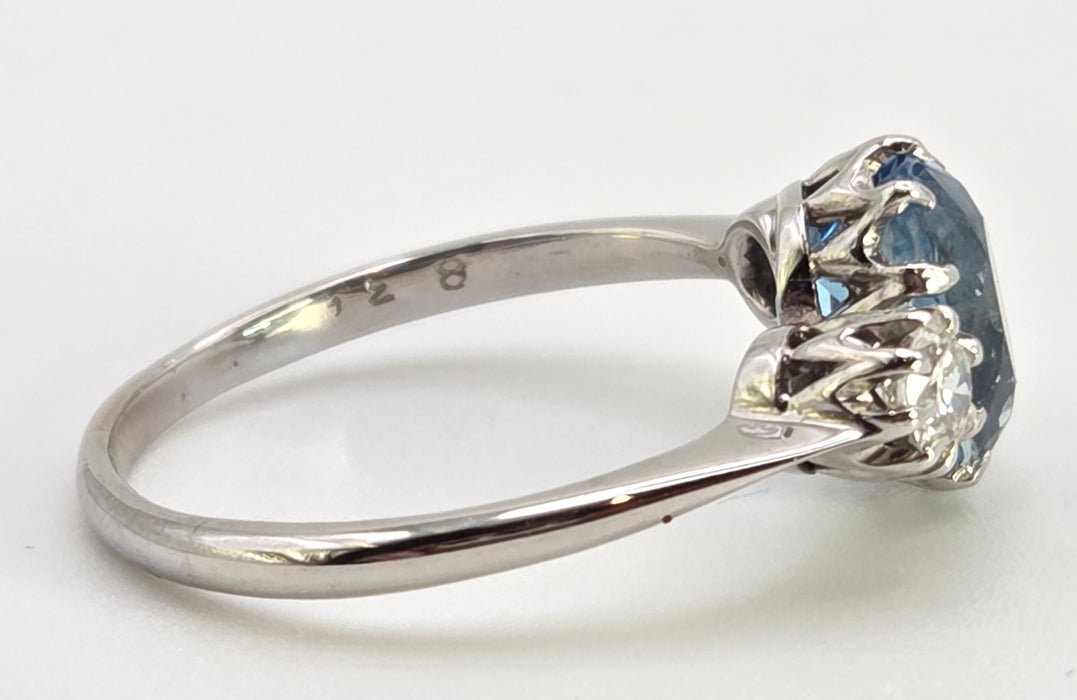 2467- Vintage Rare 18ct White Gold Platinum Aquamarine Diamonds 3-Stone Straight Ring