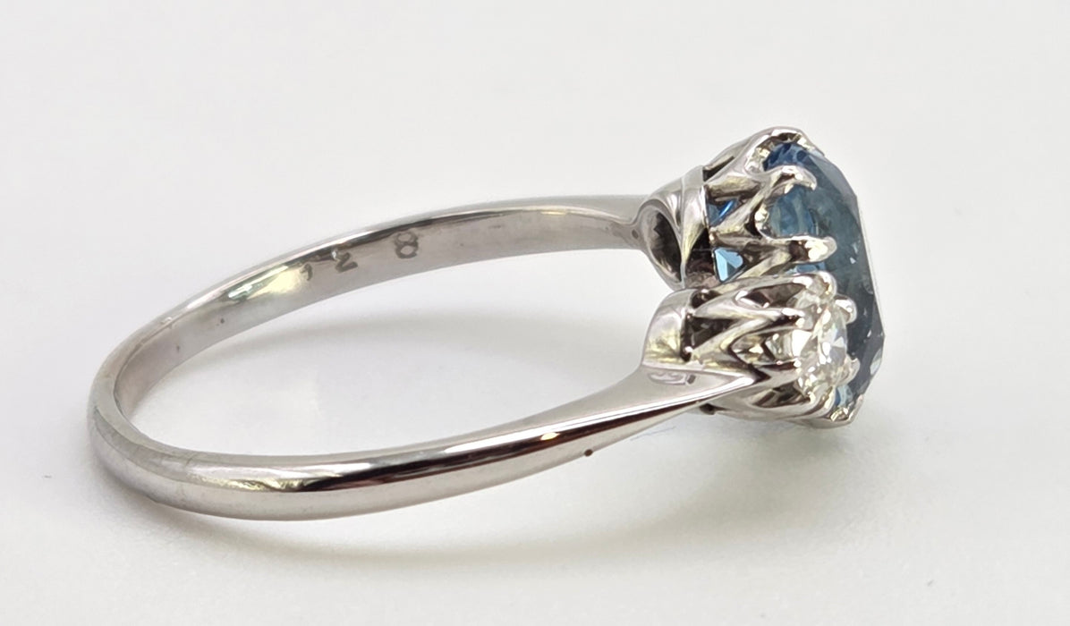 2467- Vintage Rare 18ct White Gold Platinum Aquamarine Diamonds 3-Stone Straight Ring