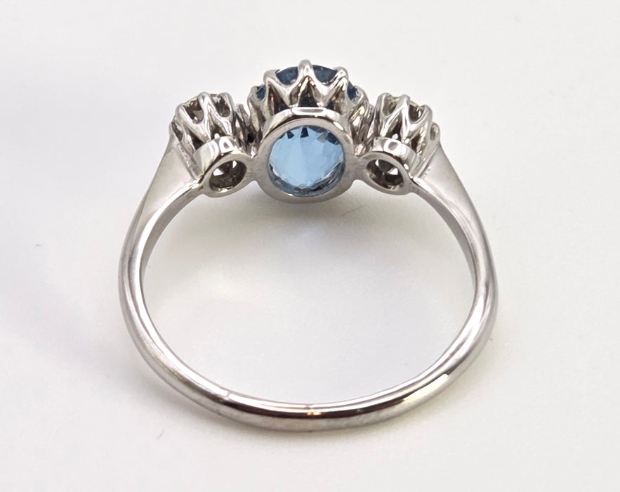 2467- Vintage Rare 18ct White Gold Platinum Aquamarine Diamonds 3-Stone Straight Ring