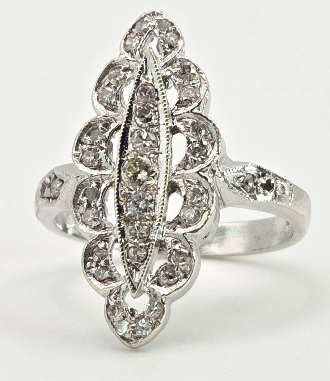 2507: Vintage 9ct White Gold 35 Natural Diamonds Marquise Set Ring