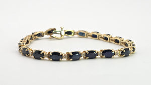 2519- Vintage 14ct Gold 19 Blue Sapphires 19 Diamonds Bracelet (19cm)