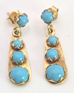 2474 Antique 18ct Gold Cabochon Turquoises Drop Stud Earrings