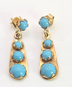 2474 Antique 18ct Gold Cabochon Turquoises Drop Stud Earrings