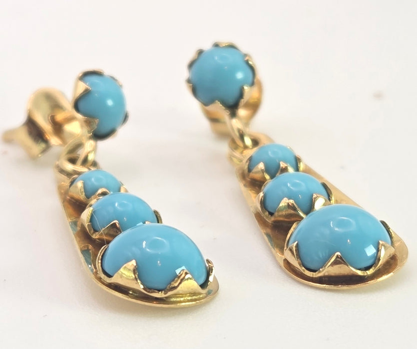 6382 Antique: 18ct Yellow Gold Graduating Turquoise Drop Earrings