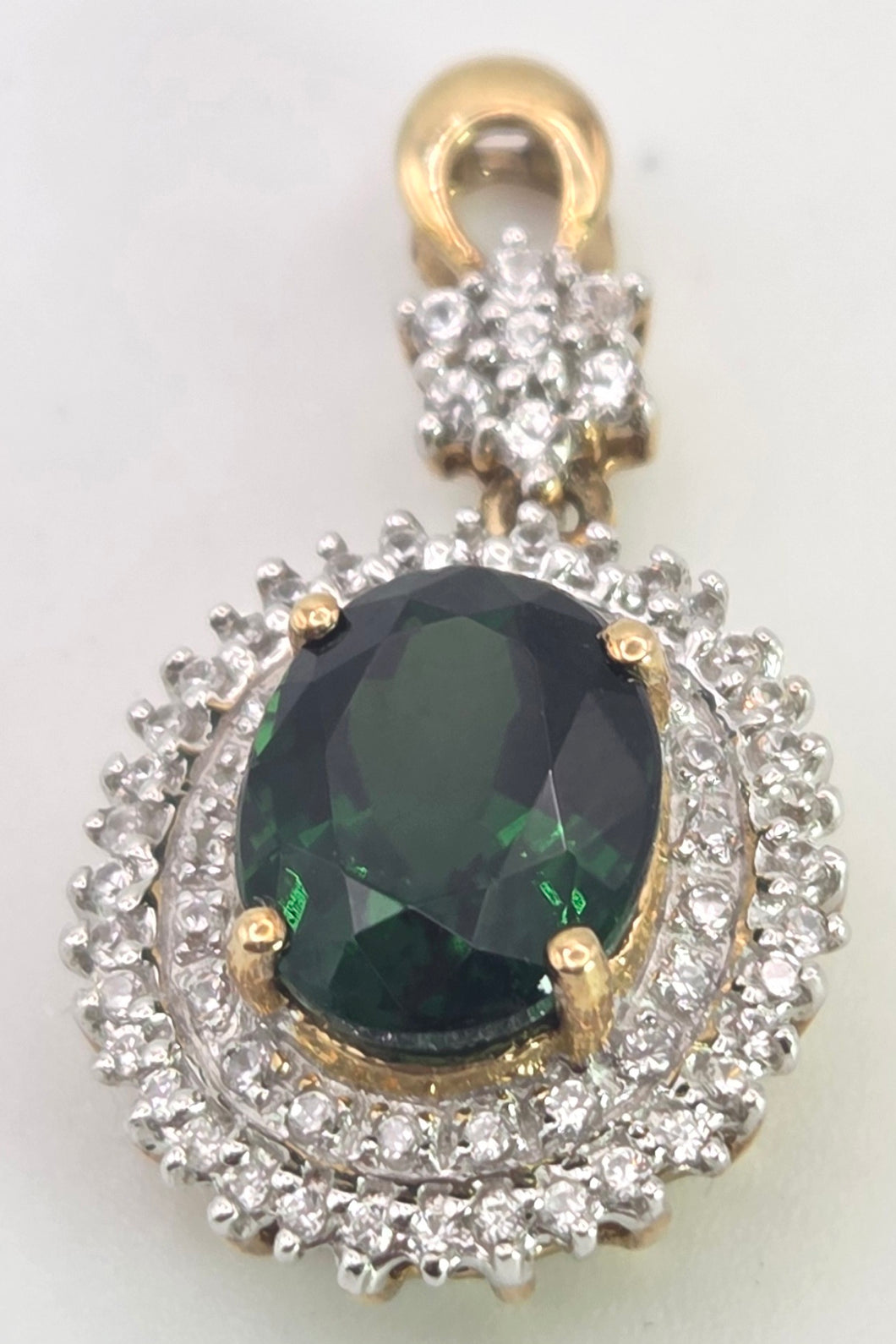 2480- Vintage 9ct Gold Chrome Diopside Glacier Topaz Diana Style Pendant