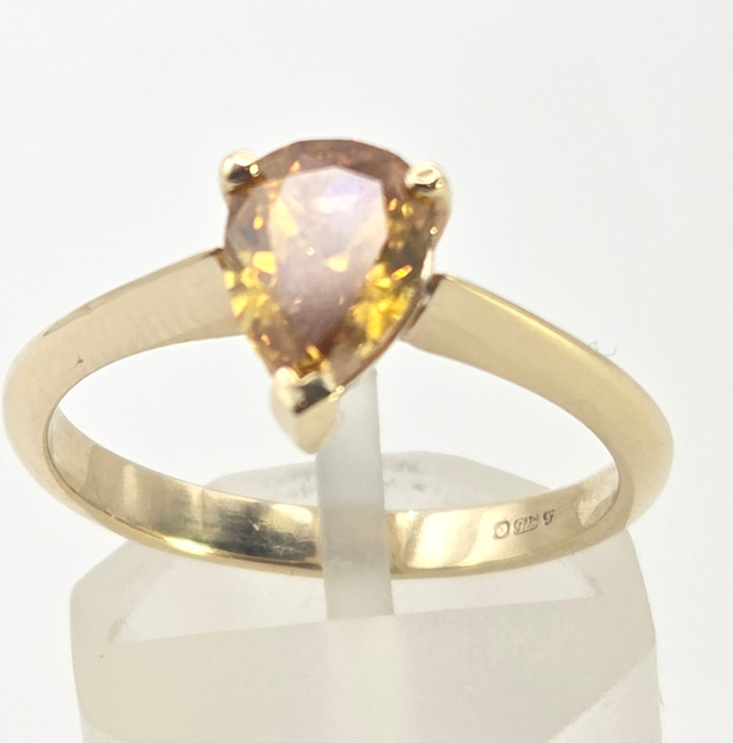 0614: Vintage 9ct Gold Rare Pear Cut Natural Yellow Diamond (1.12ct) Ring