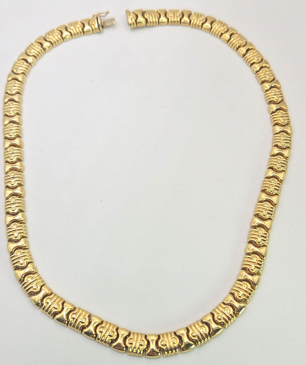 0613: Vintage: Italian 18ct Gold Geometric Flat Link Choker Necklace- 52 Grams
