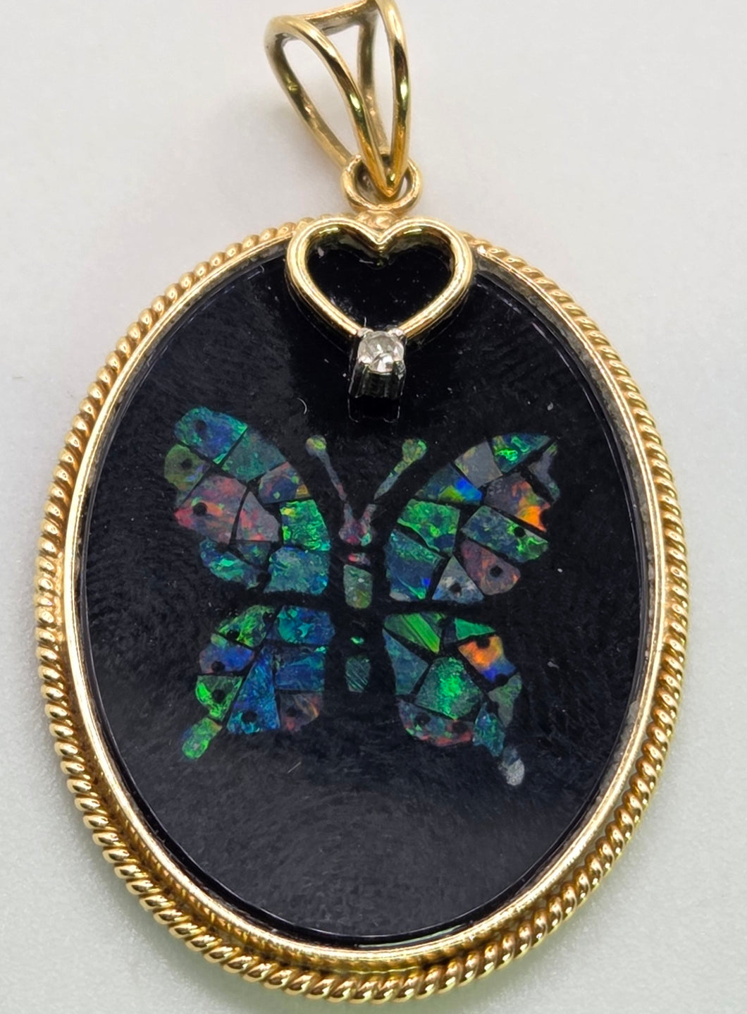 2528 Vintage: 18ct Gold  Onyx Diamond Inlaid Butterfly Pendant- From 1978