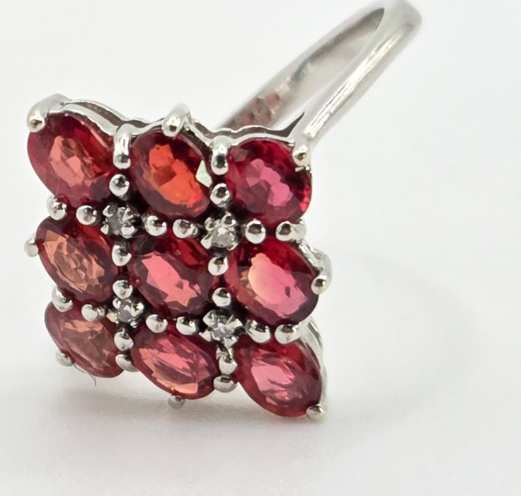 2533; Vintage 9ct White Gold Rubies Diamonds Geometric Set Cluster Ring