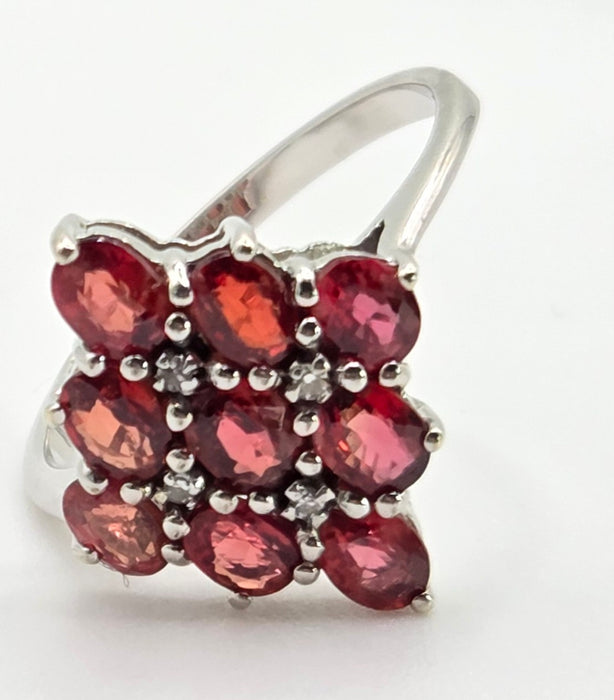 2533; Vintage 9ct White Gold Rubies Diamonds Geometric Set Cluster Ring