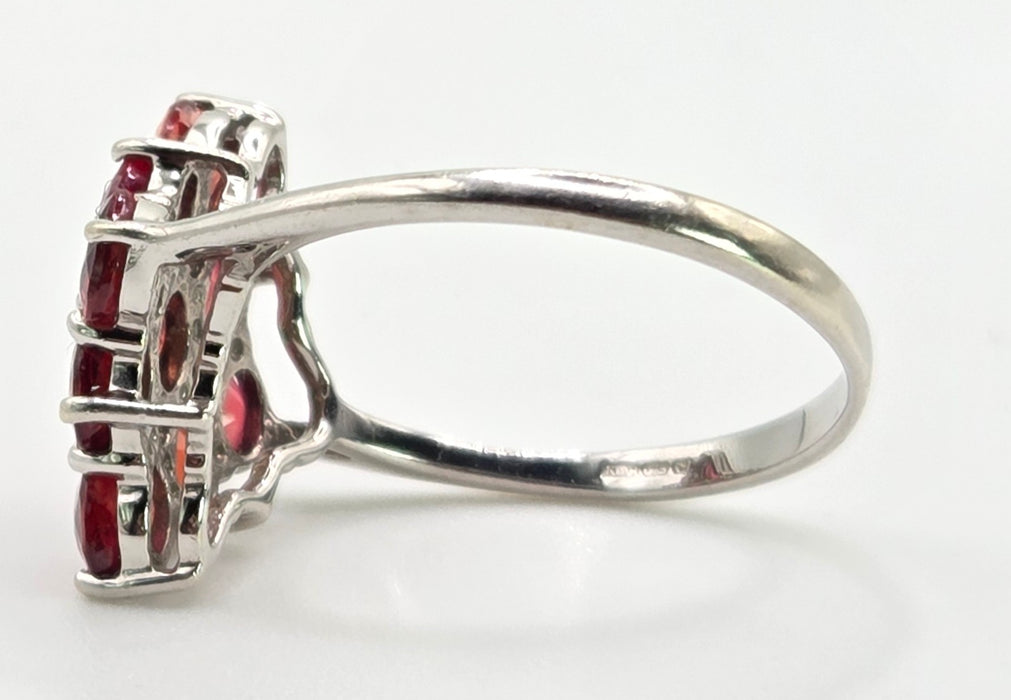 2533; Vintage 9ct White Gold Rubies Diamonds Geometric Set Cluster Ring