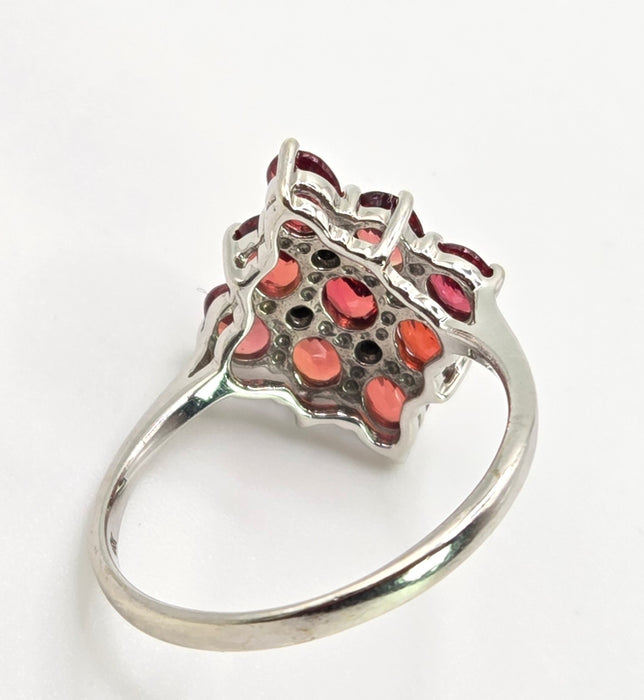 2533; Vintage 9ct White Gold Rubies Diamonds Geometric Set Cluster Ring